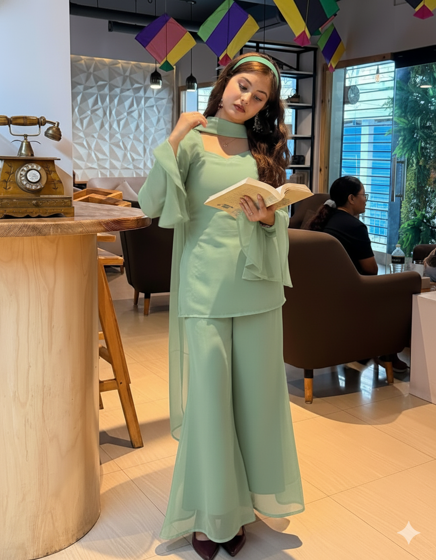 Bollywood Vintage Georgette Co-ord Set with Scarf & Hair Band | 4 Colors