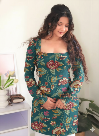 Green Floral Charm – Pure Cotton Square Neck Straight Kurti