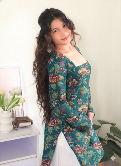 Green Floral Charm – Pure Cotton Square Neck Straight Kurti