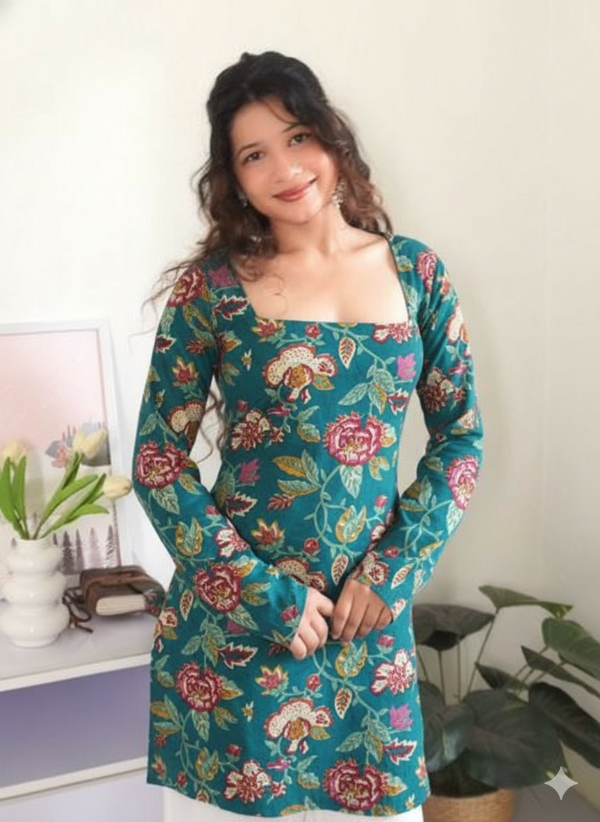 Green Floral Charm – Pure Cotton Square Neck Straight Kurti