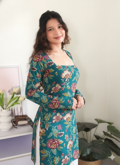 Green Floral Charm – Pure Cotton Square Neck Straight Kurti