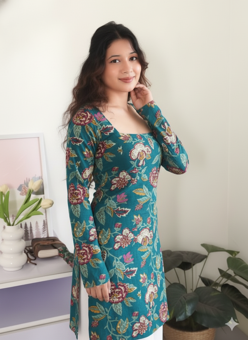 Green Floral Charm – Pure Cotton Square Neck Straight Kurti