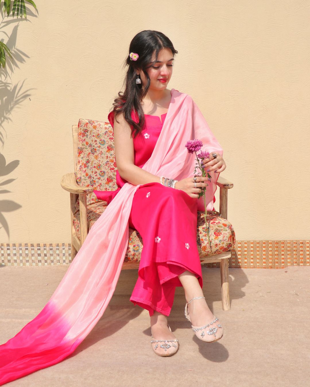 Delicate Rayon Kurta Set with Baby Pink Embroidery & Contrast Silk Scarf