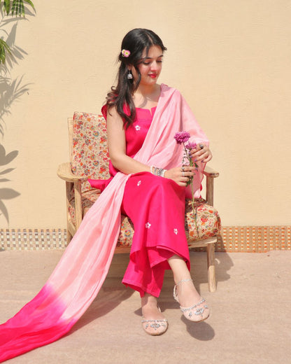 Delicate Rayon Kurta Set with Baby Pink Embroidery & Contrast Silk Scarf