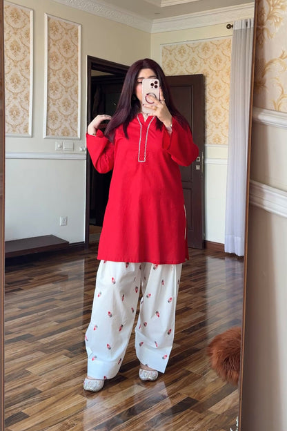 Red & White Rayon Kurta Trouser Set with Embroidered Pants