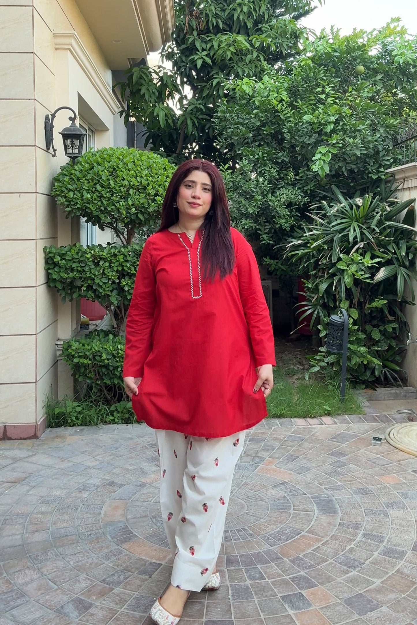 Red & White Rayon Kurta Trouser Set with Embroidered Pants