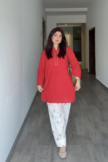 Red & White Rayon Kurta Trouser Set with Embroidered Pants