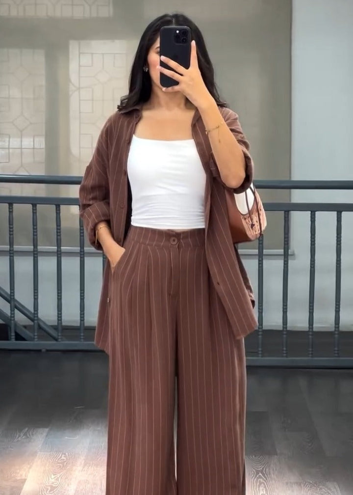 Textured Comfort  Rayon Slub Co-ord Set in Brown & Gray