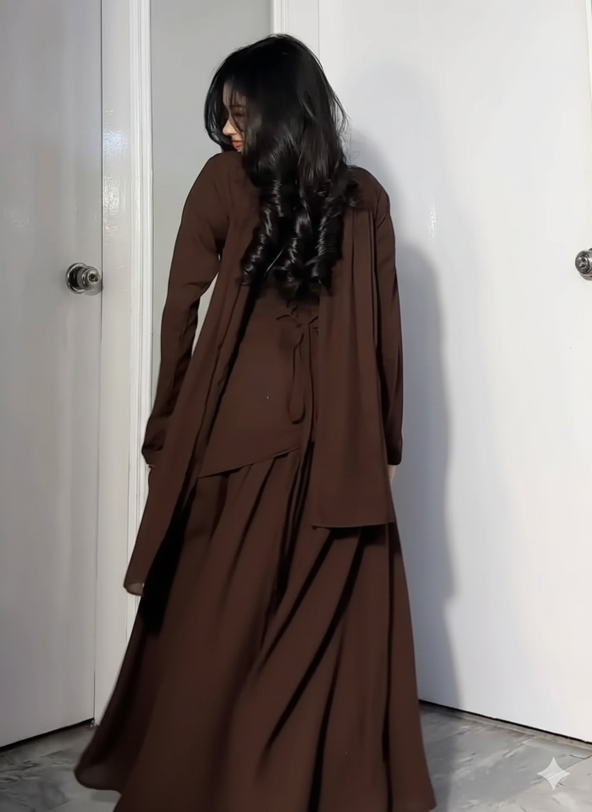 Brown Georgette Asymmetric Corset Top & Skirt Set | Modern Festive Co-ord