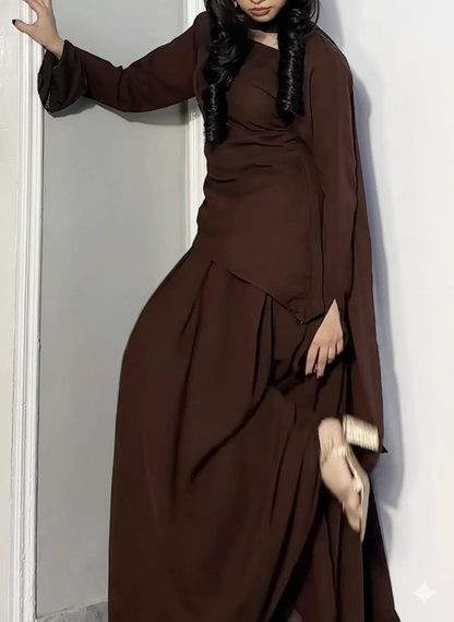 Brown Georgette Asymmetric Corset Top & Skirt Set | Modern Festive Co-ord