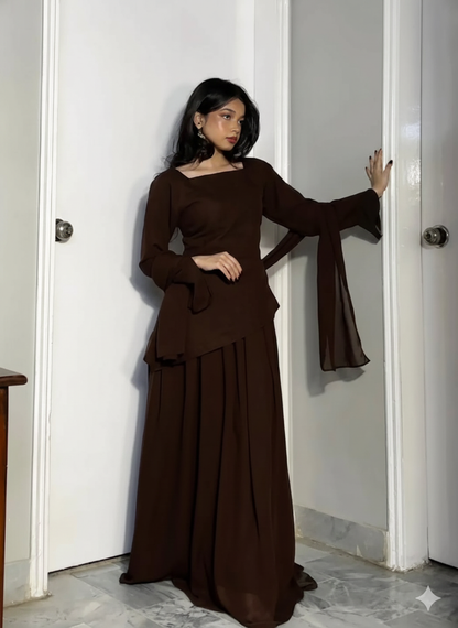 Brown Georgette Asymmetric Corset Top & Skirt Set | Modern Festive Co-ord
