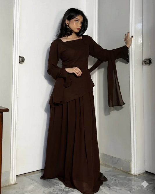 Brown Georgette Corset Top & Skirt Set | Asymmetric | XS–5XL