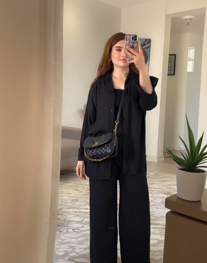 Midnight Neutral Chic – Black Rayon Crepe Co-ord Set with Shirt Collar