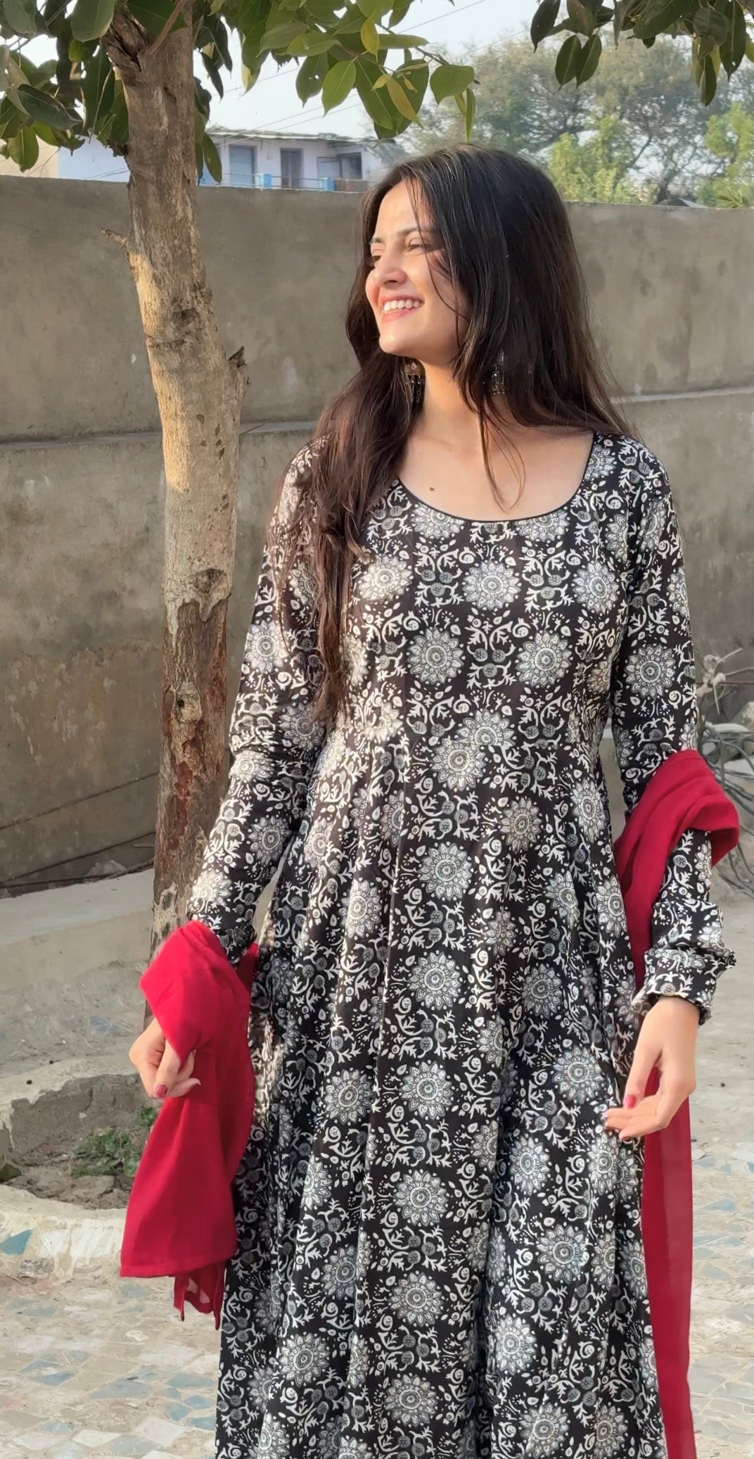 Monochrome Floral Cotton Anarkali Set with Contrast Red Chiffon Dupatta
