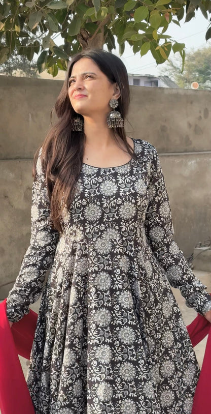 Monochrome Floral Cotton Anarkali Set with Contrast Red Chiffon Dupatta