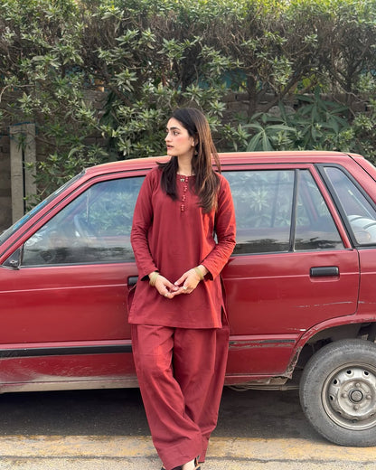 Maroon Pure Cotton Kurta with Solid Farshi Salwar Set
