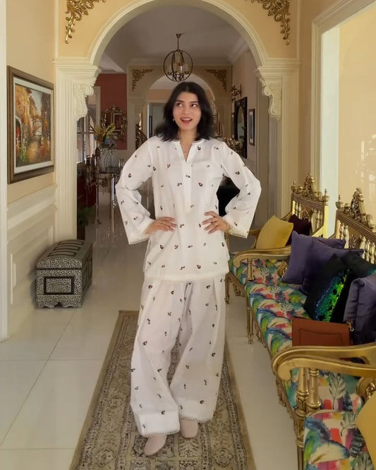 White Floral Embroidered Cotton Kurta with  Farshi Salwar