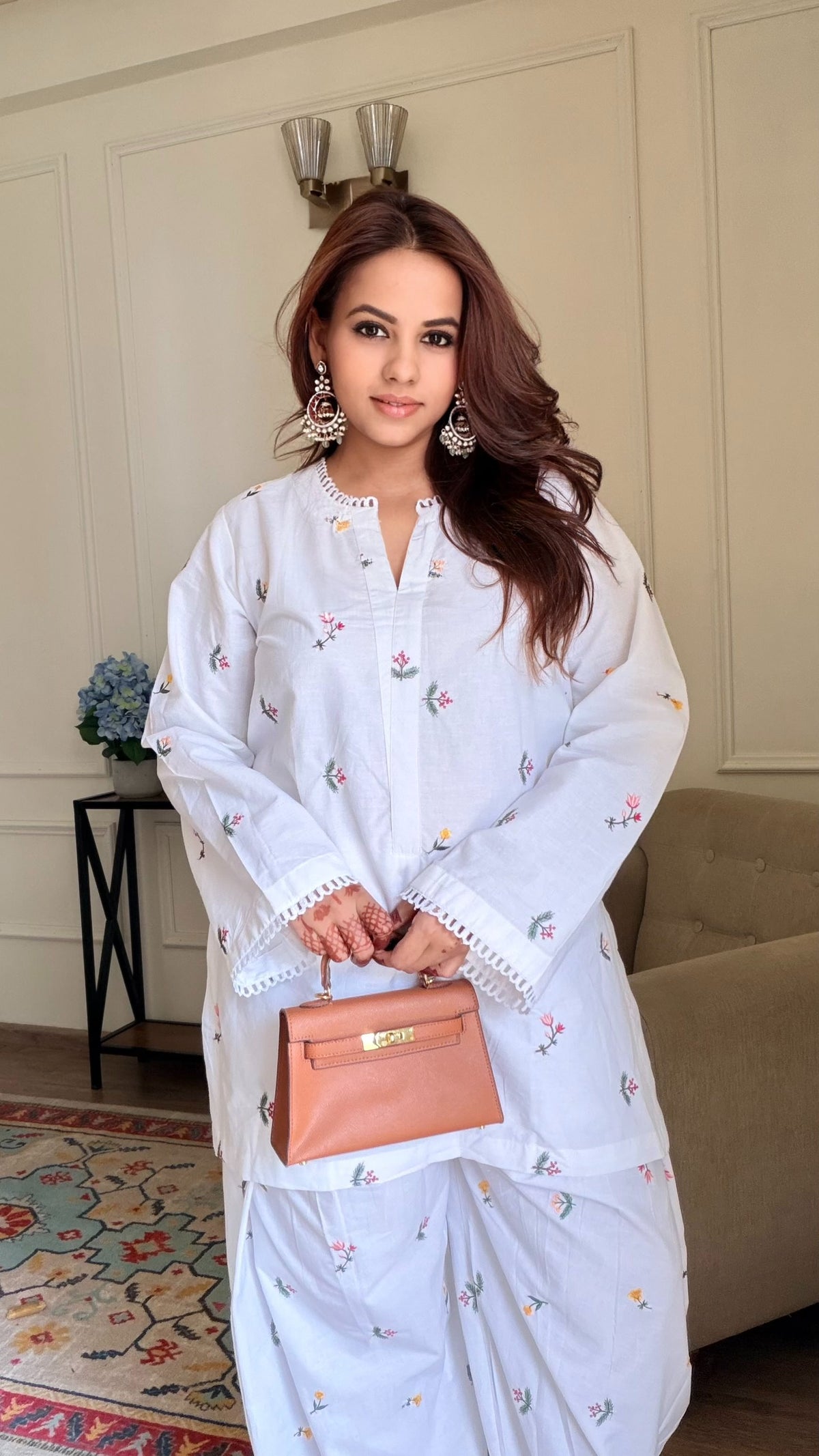 White Floral Embroidered Cotton Kurta Farshi Set | XS–5XL
