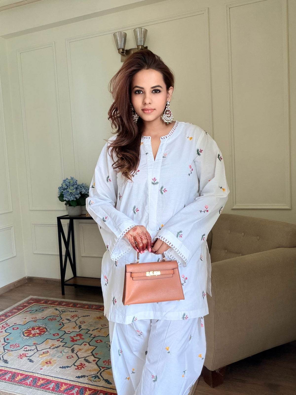 White Floral Embroidered Cotton Kurta Farshi Set | XS–5XL