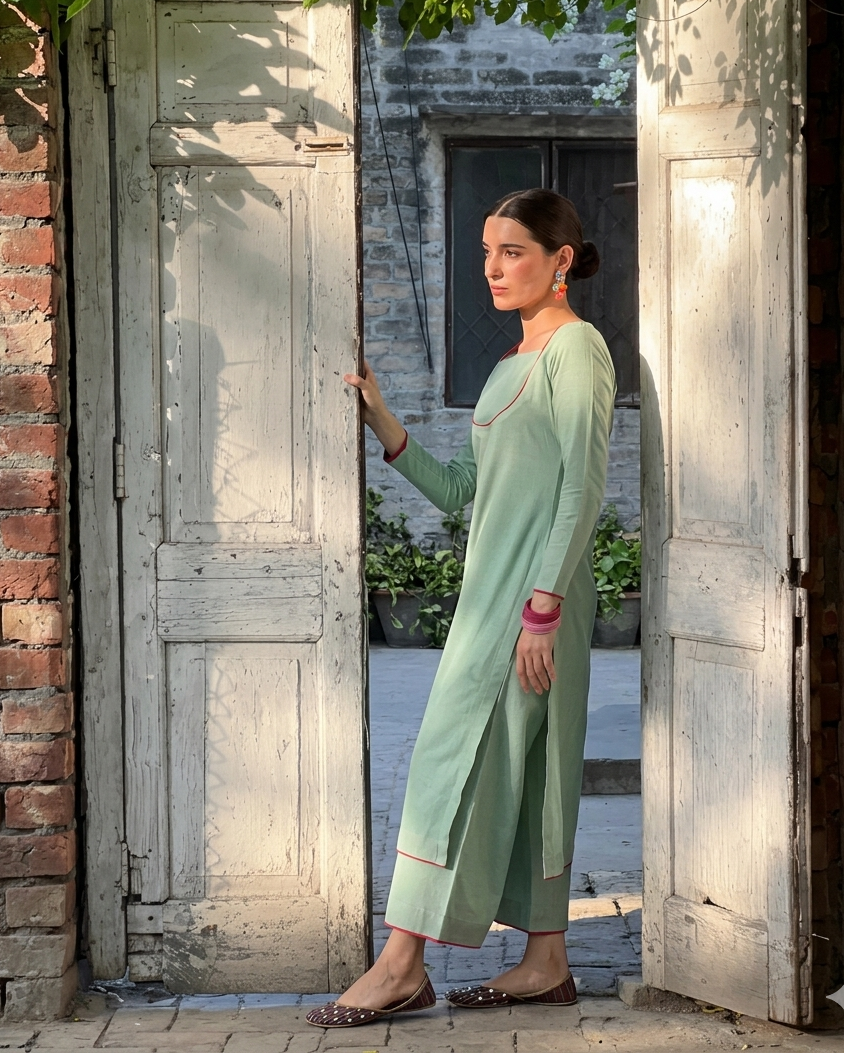 Woman in a light green outfit standing in an open doorway with brick walls and plants.