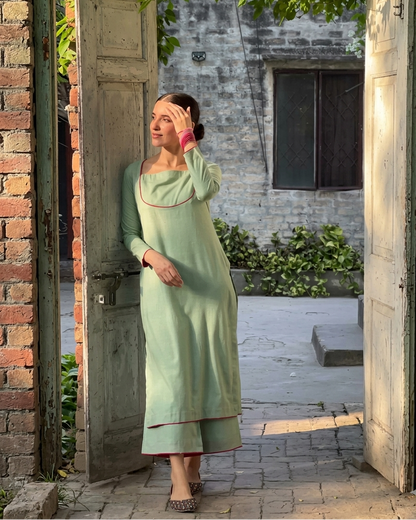 Pista Green Rayon Kurta Set | Square Neck with Contrast Magenta Piping
