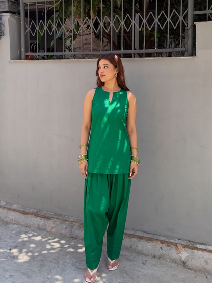 Minimalist Short Sleeveless Cotton Kurti with Relaxed Farshi Salwar Set