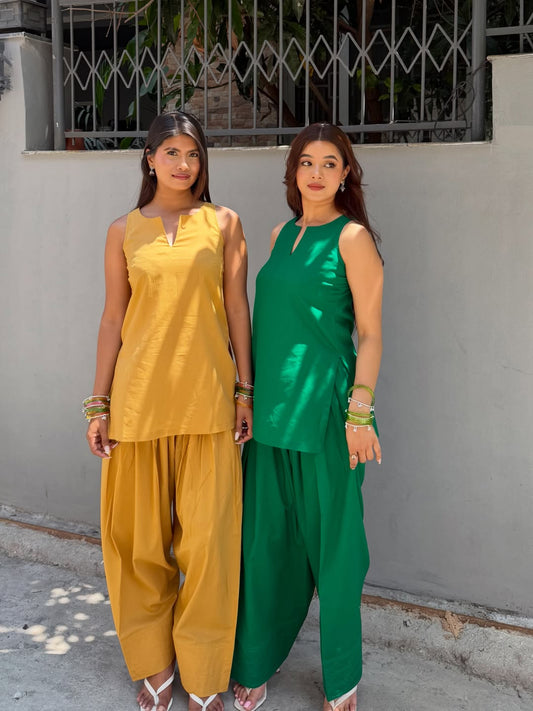 Minimalist Short Sleeveless Cotton Kurti with Relaxed Farshi Salwar Set
