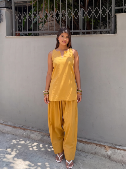Minimalist Short Sleeveless Cotton Kurti with Relaxed Farshi Salwar Set