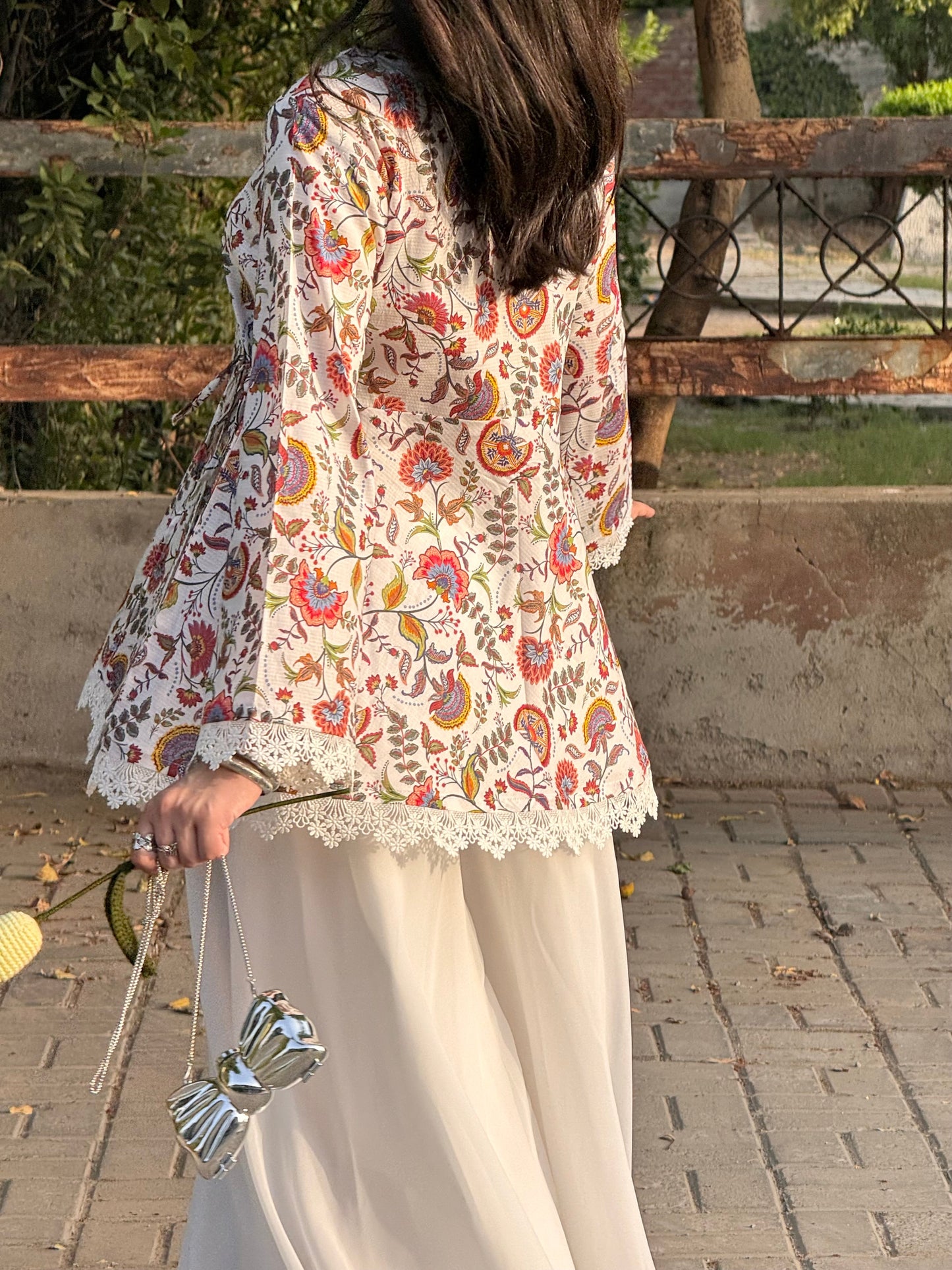 Pinterest-Inspired Floral Cotton Kurti with Lace Details & Voluminous White Sharara Set