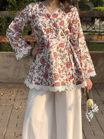Pinterest-Inspired Floral Cotton Kurti with Lace Details & Voluminous White Sharara Set