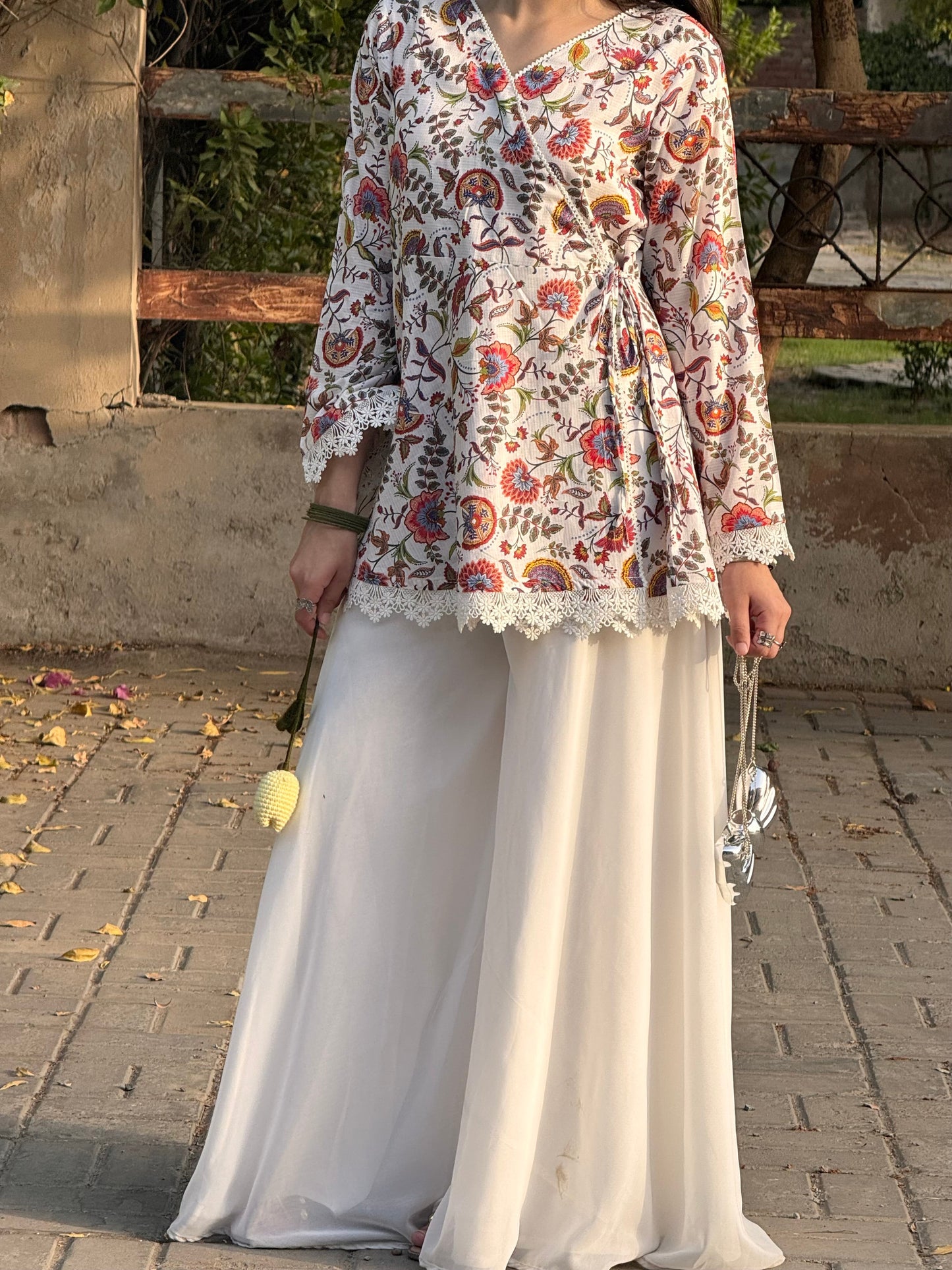 Pinterest-Inspired Floral Cotton Kurti with Lace Details & Voluminous White Sharara Set