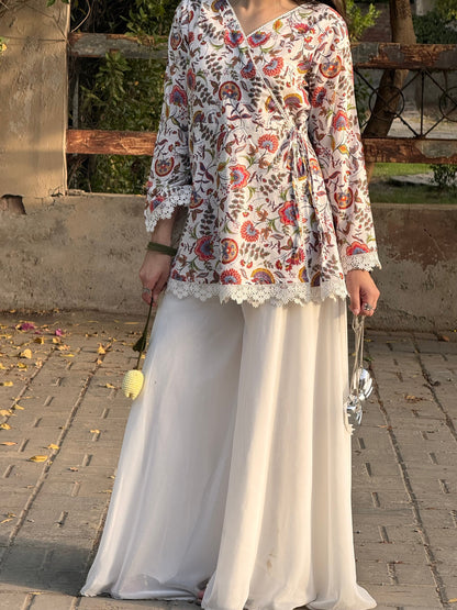 Pinterest-Inspired Floral Cotton Kurti with Lace Details & Voluminous White Sharara Set