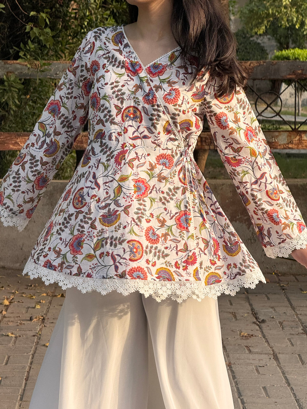 Pinterest-Inspired Floral Cotton Kurti with Lace Details & Voluminous White Sharara Set