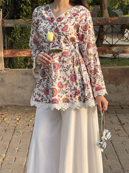 Pinterest-Inspired Floral Cotton Kurti with Lace Details & Voluminous White Sharara Set