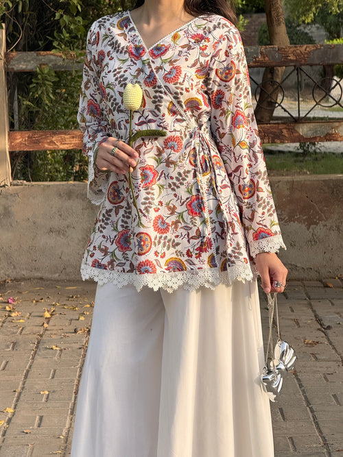 Pinterest-Inspired Floral Cotton Kurti with Lace Details & Voluminous White Sharara Set