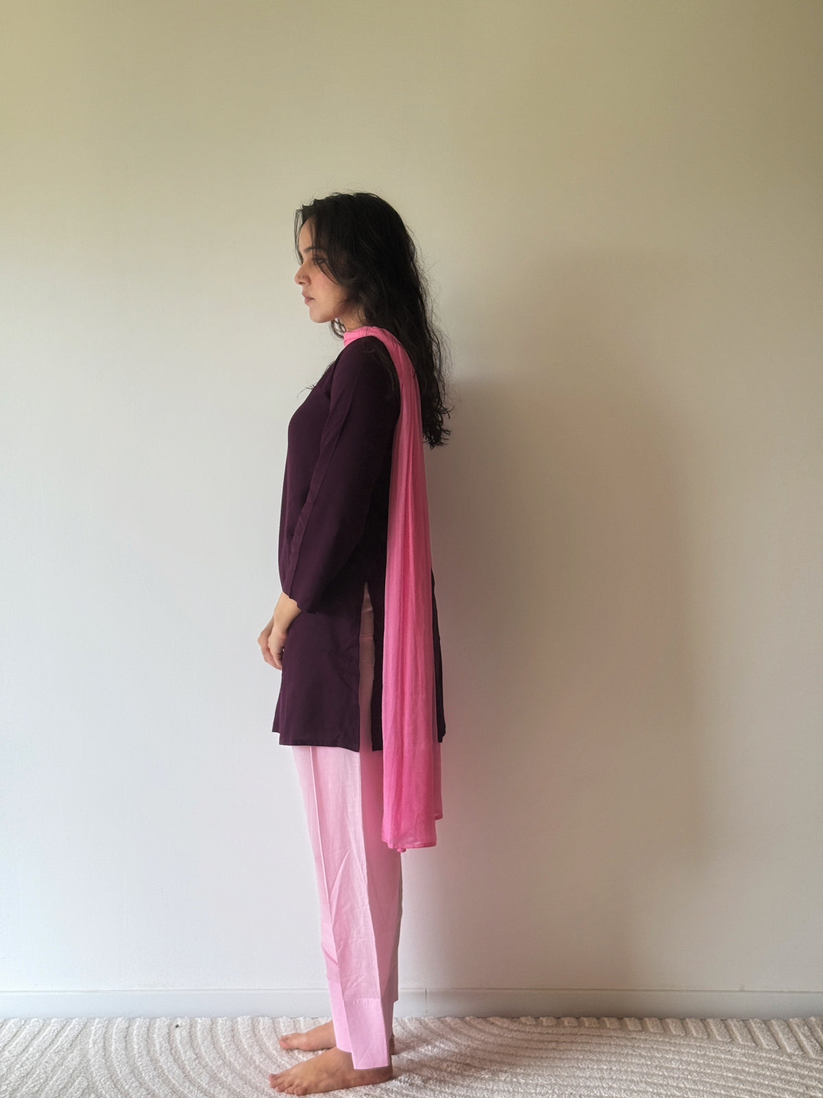 Wine Short Kurta with Blush Farshi & Dupatta | 3-Piece | XS–5XL