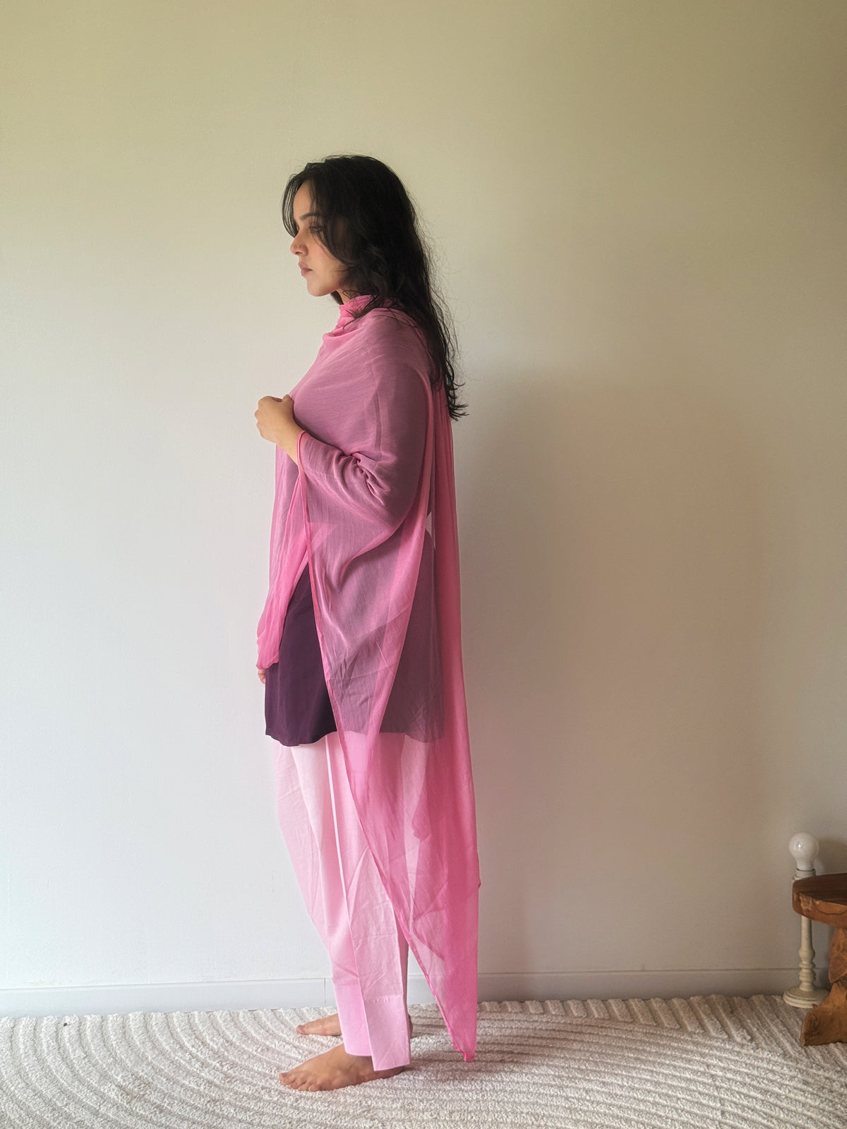 Wine Short Kurta with Blush Farshi & Dupatta | 3-Piece | XS–5XL