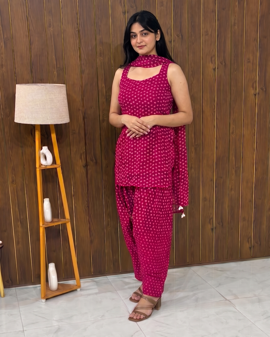 Fuchsia Pink Bandhani Print Sleeveless Kurta with Farshi Salwar Set | Georgette | XS–5XL
