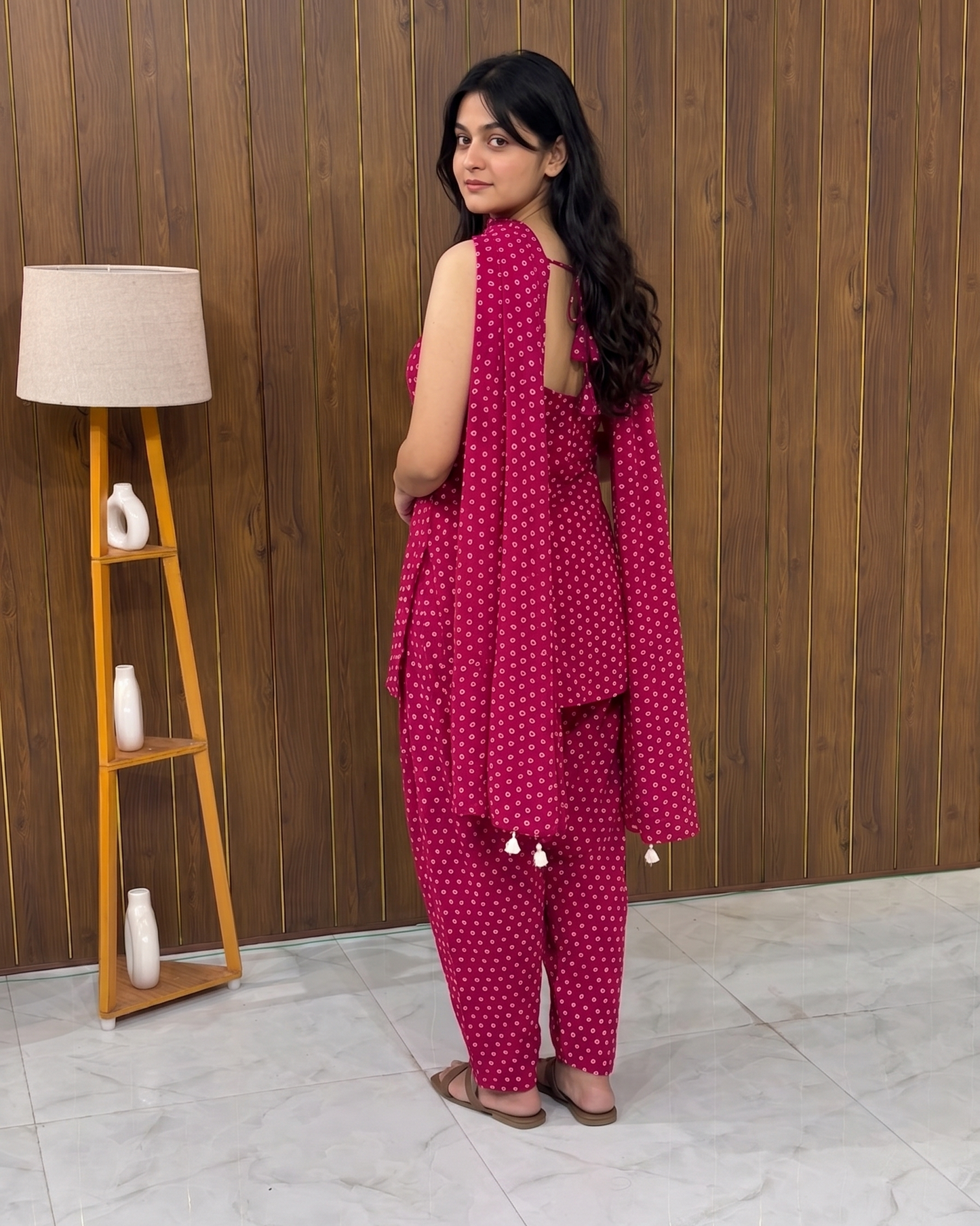 Fuchsia Pink Bandhani Print Sleeveless Kurta with Farshi Salwar Set | Georgette | XS–5XL