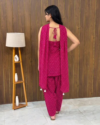 Fuchsia Pink Bandhani Print Sleeveless Kurta with Farshi Salwar Set | Georgette | XS–5XL