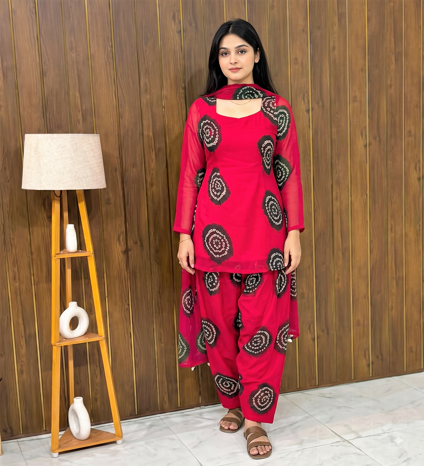 Hot Pink Shibori Bandhani Print Kurta with Farshi Salwar Set | Georgette | XS–5XL