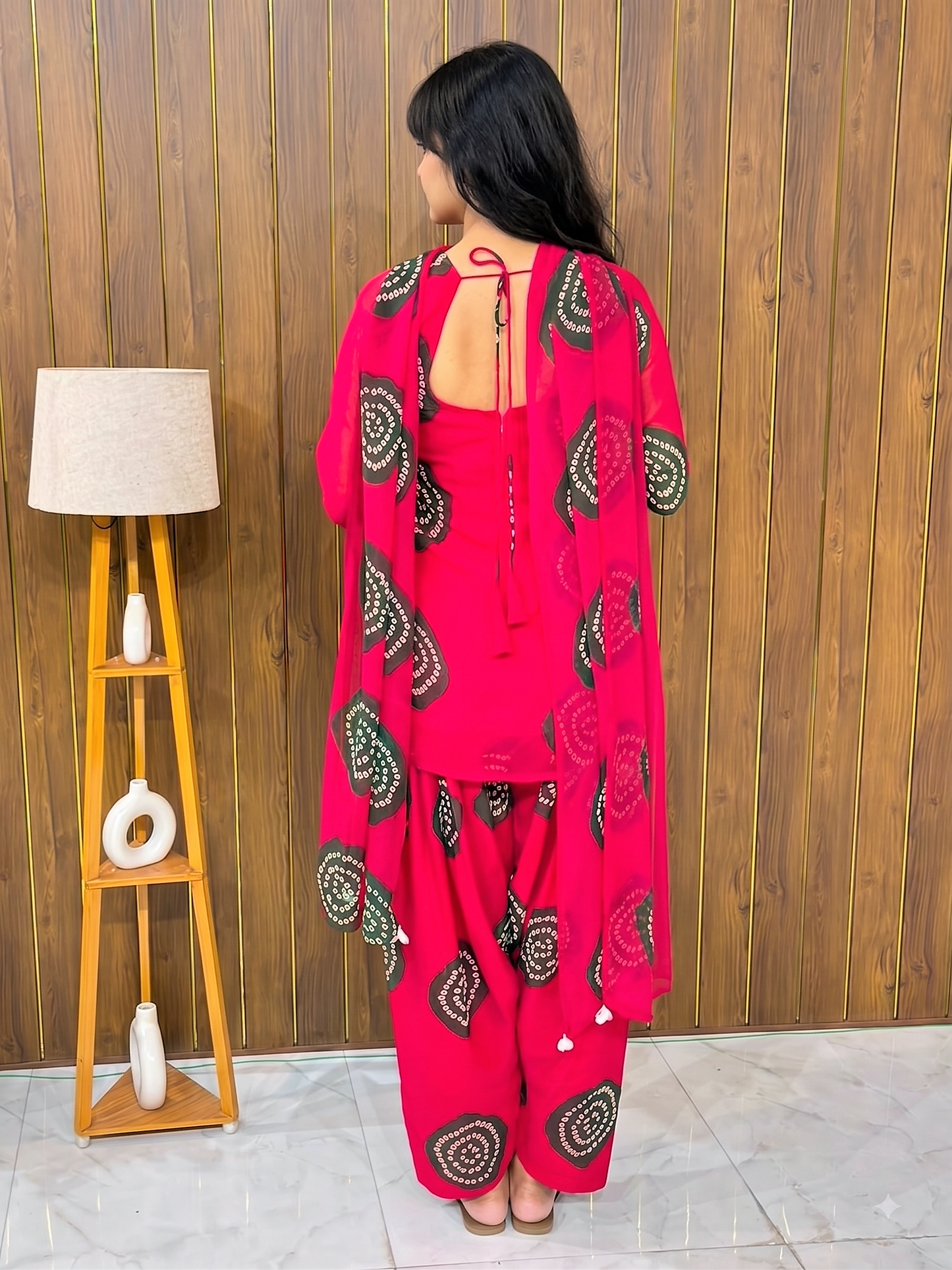 Hot Pink Shibori Bandhani Print Kurta with Farshi Salwar Set | Georgette | XS–5XL