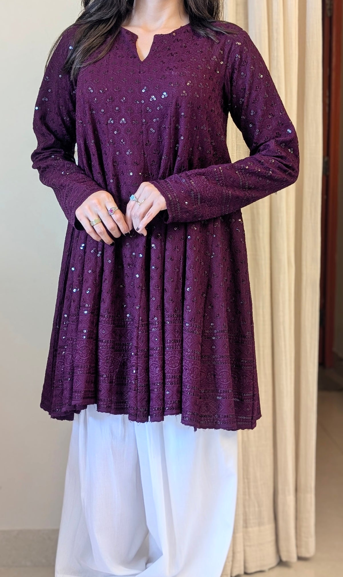 Wine Schiffli Embroidered Peplum Kurta with White Farshi Salwar
