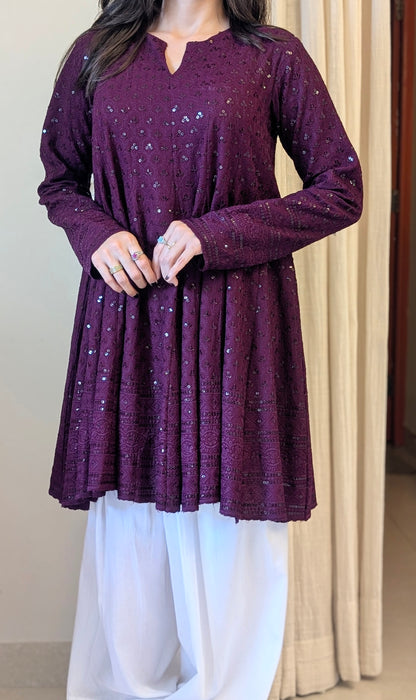 Wine Schiffli Embroidered Peplum Kurta with White Farshi Salwar