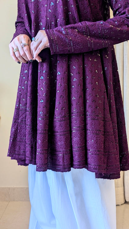 Wine Schiffli Embroidered Peplum Kurta with White Farshi Salwar