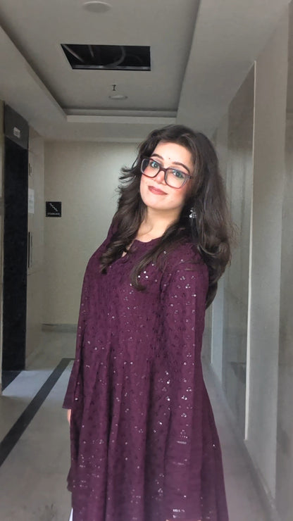 Wine Schiffli Embroidered Peplum Kurta with White Farshi Salwar