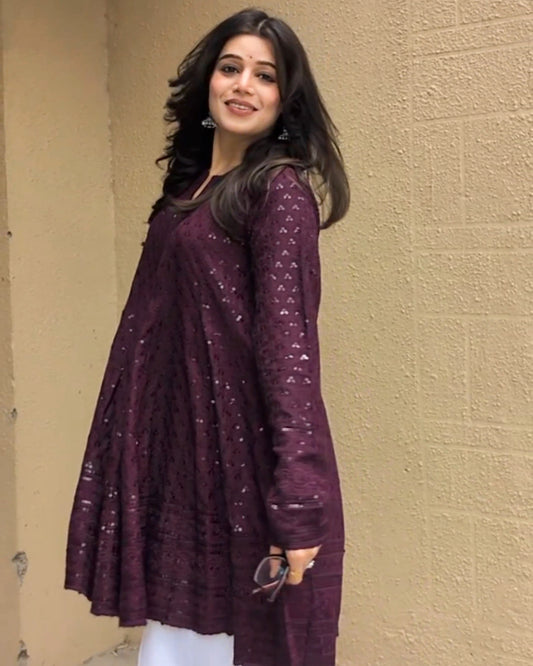 Wine Schiffli Embroidered Peplum Kurta with White Farshi Salwar