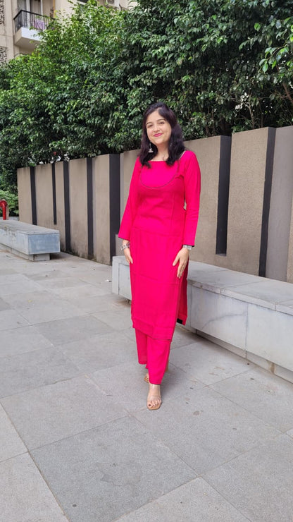 Fuchsia Pink Rayon Kurta Set | Black Piping | XS–5XL