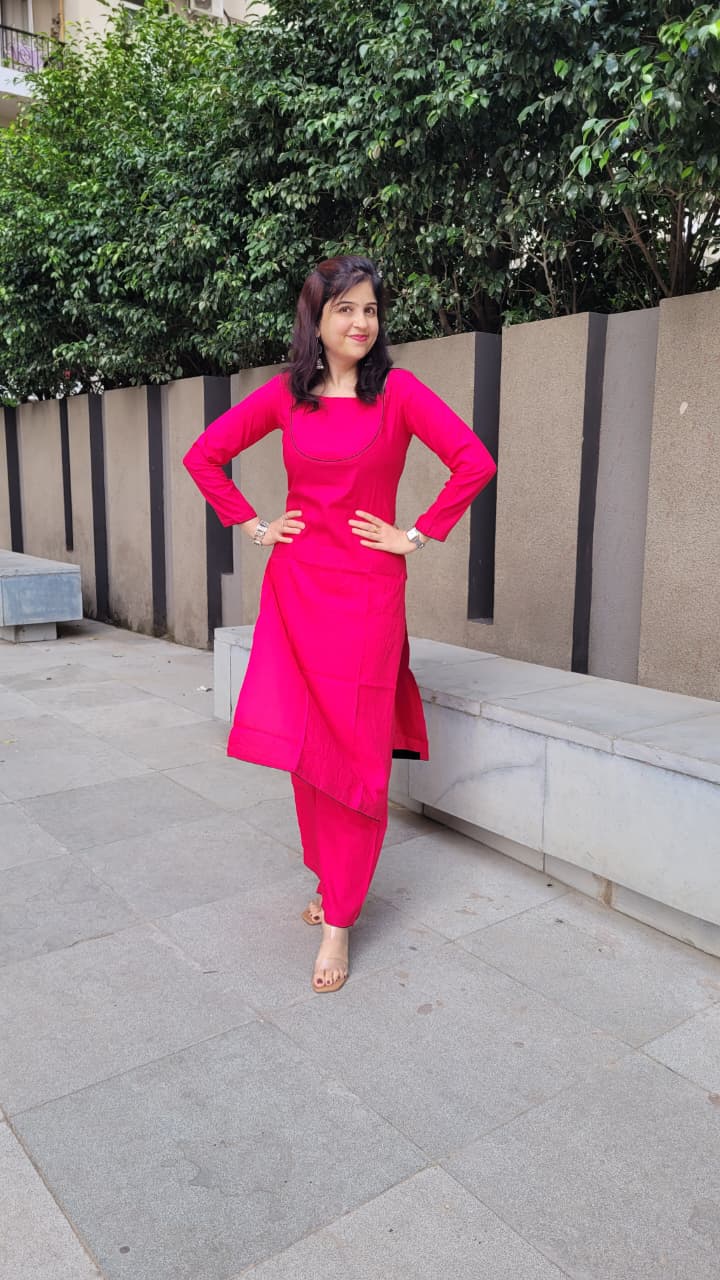 Fuchsia Pink Rayon Kurta Set | Black Piping | XS–5XL