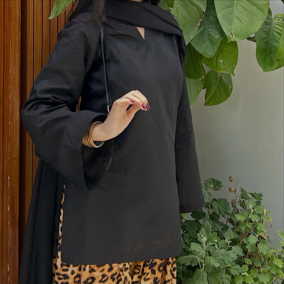 Black Rayon Short Kurti & Animal Print Farshi Set